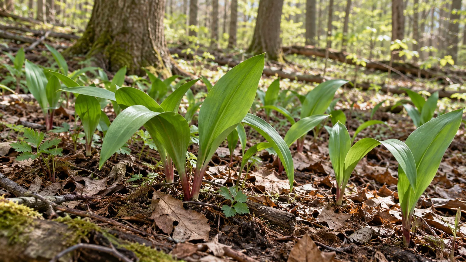 A small colony of healthy ramps emerging through hardwood leaf litter in a deciduous woodland