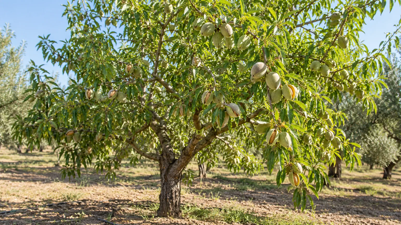 Almond tree in an orchard with mature hulls splitting to reveal the shells
