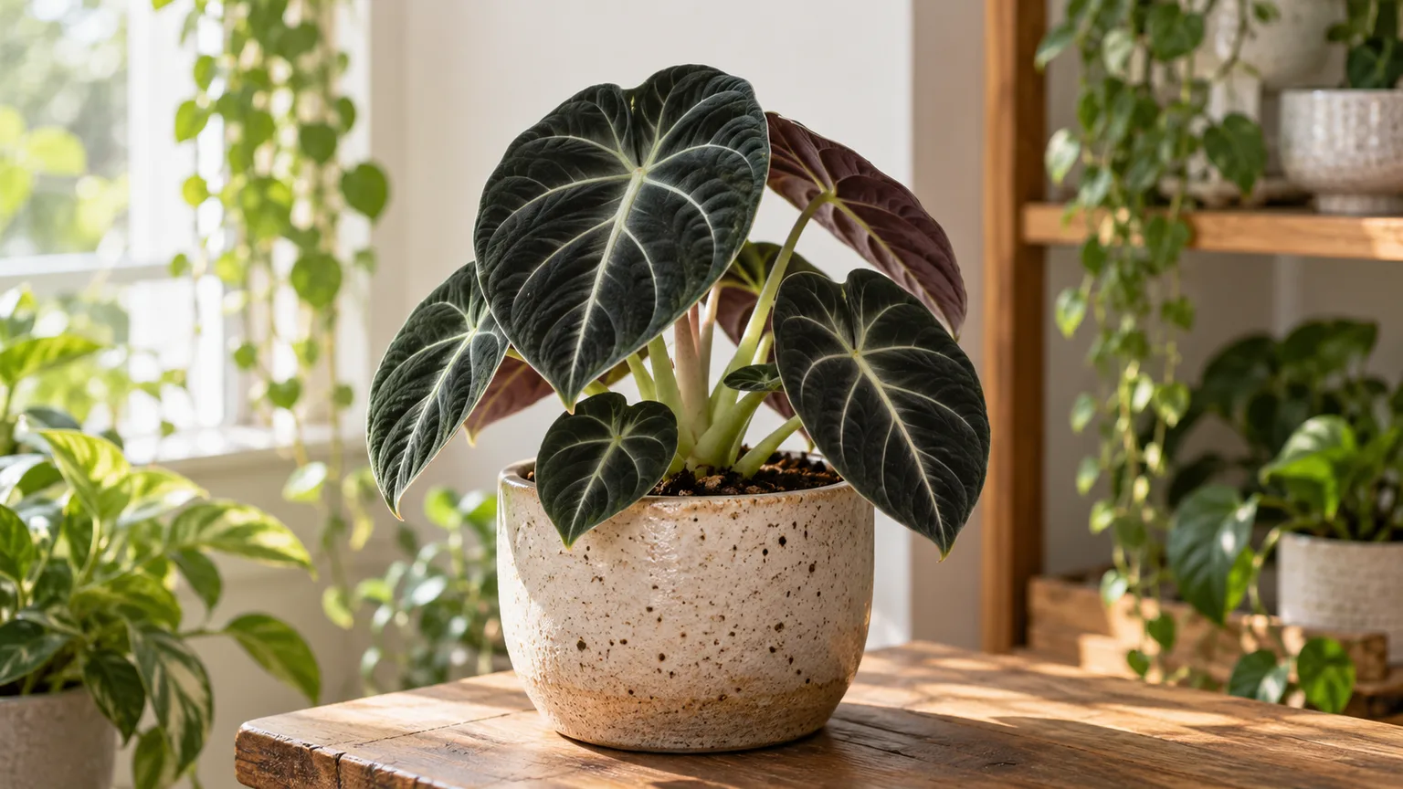 Healthy Alocasia Black Velvet with nearly black velvet leaves and silver veins in a bright indoor corner