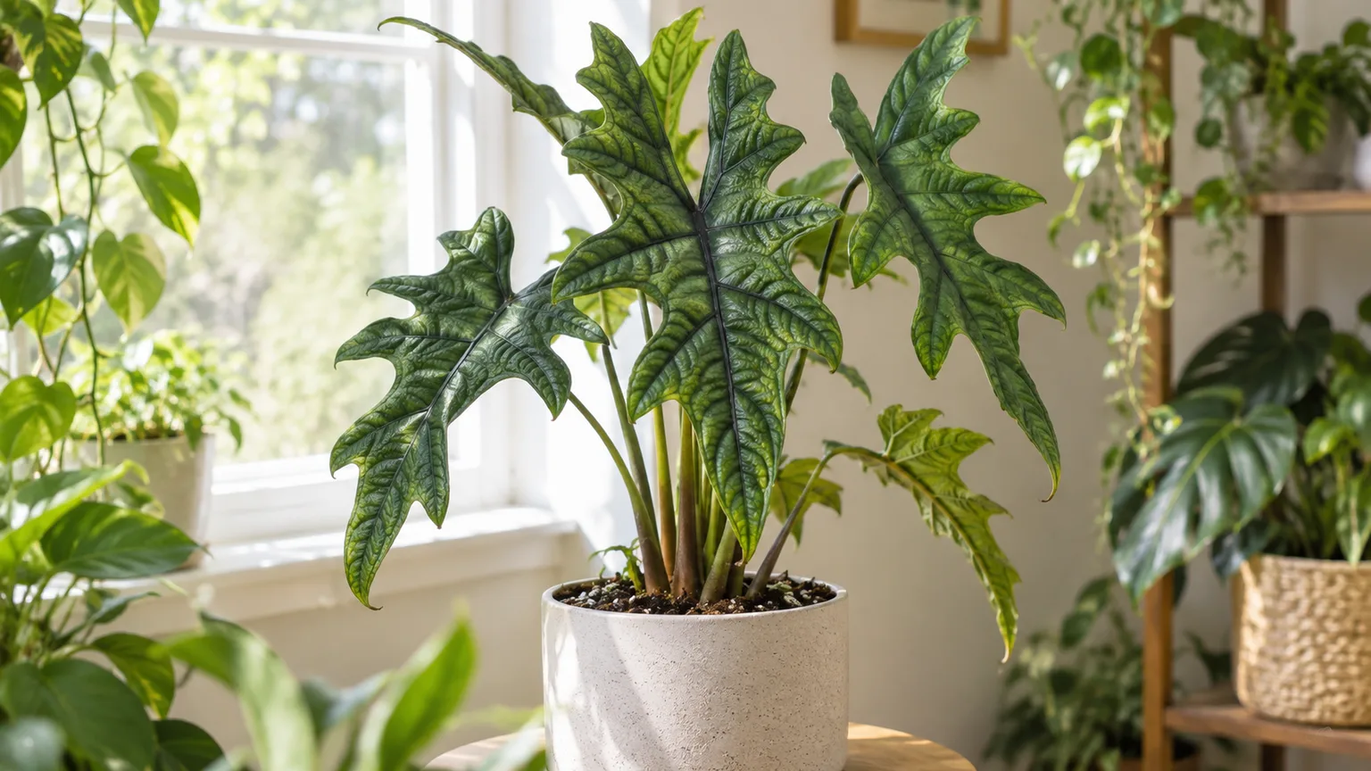 Healthy Alocasia Jacklyn with deeply lobed green leaves in bright filtered indoor light