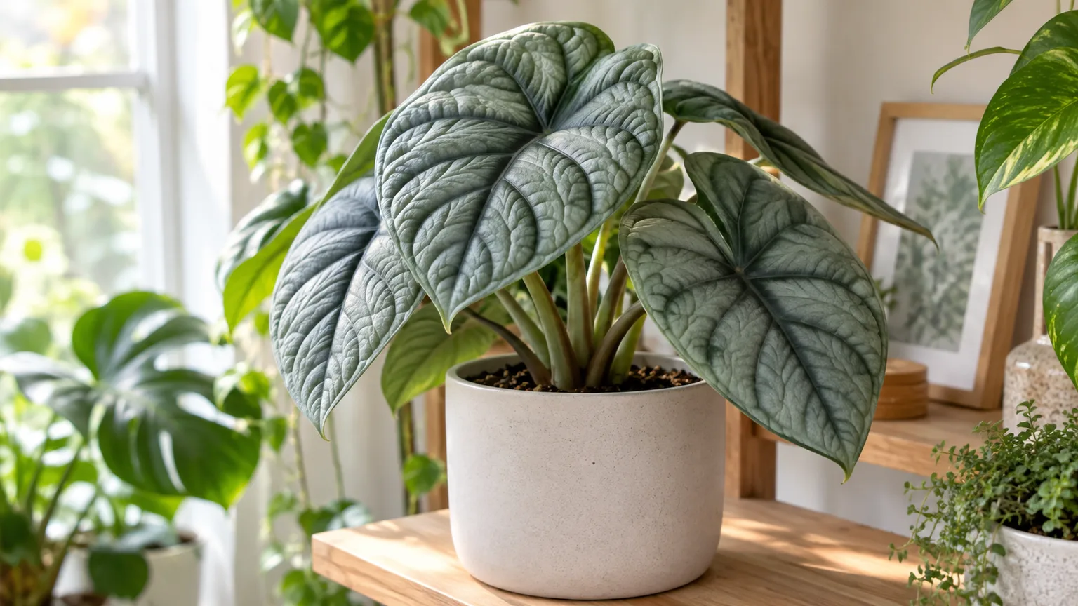 Healthy Alocasia Maharani with textured silvery gray-green leaves in a bright indoor plant corner