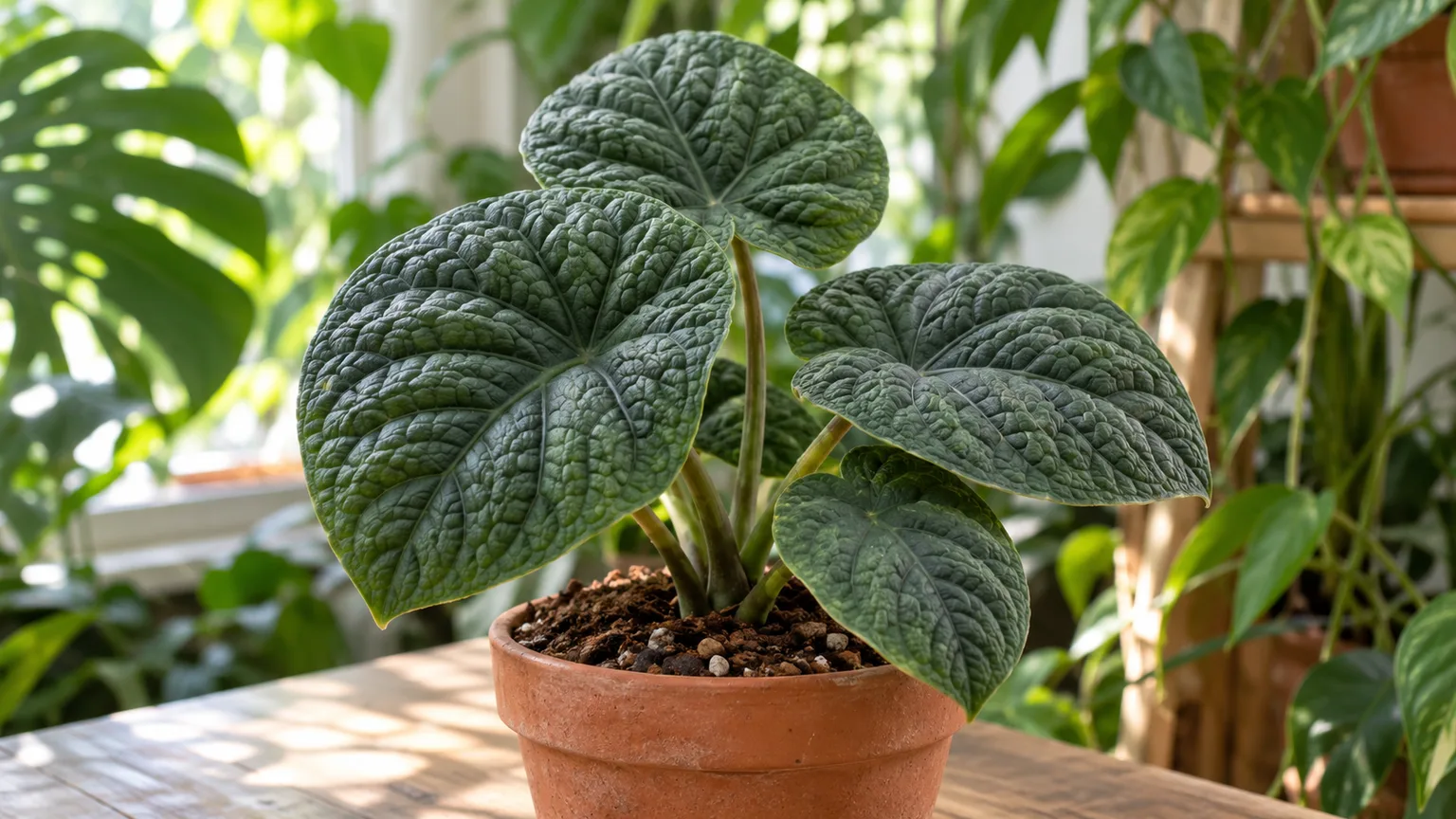 Healthy Alocasia melo with deeply textured dark green leaves in filtered indoor light