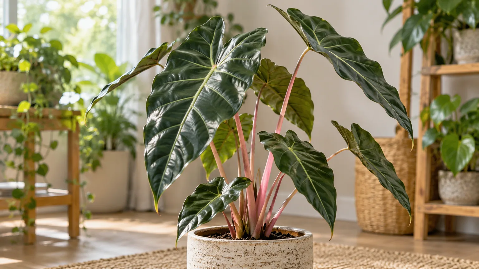Alocasia Pink Dragon with glossy dark green leaves and pink stems
