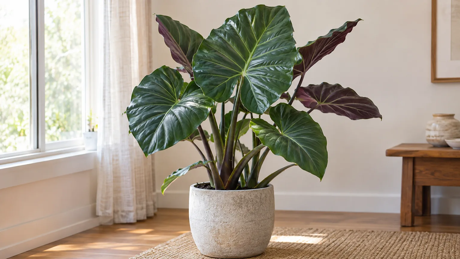 Healthy Alocasia ‘Regal Shield’ with glossy dark green leaves, pale veins, and purple undersides in bright filtered indoor light