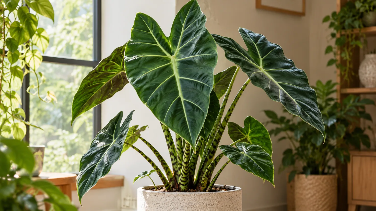 Healthy Alocasia 'Sarian' with dark arrow-shaped leaves and striped petioles in bright filtered light