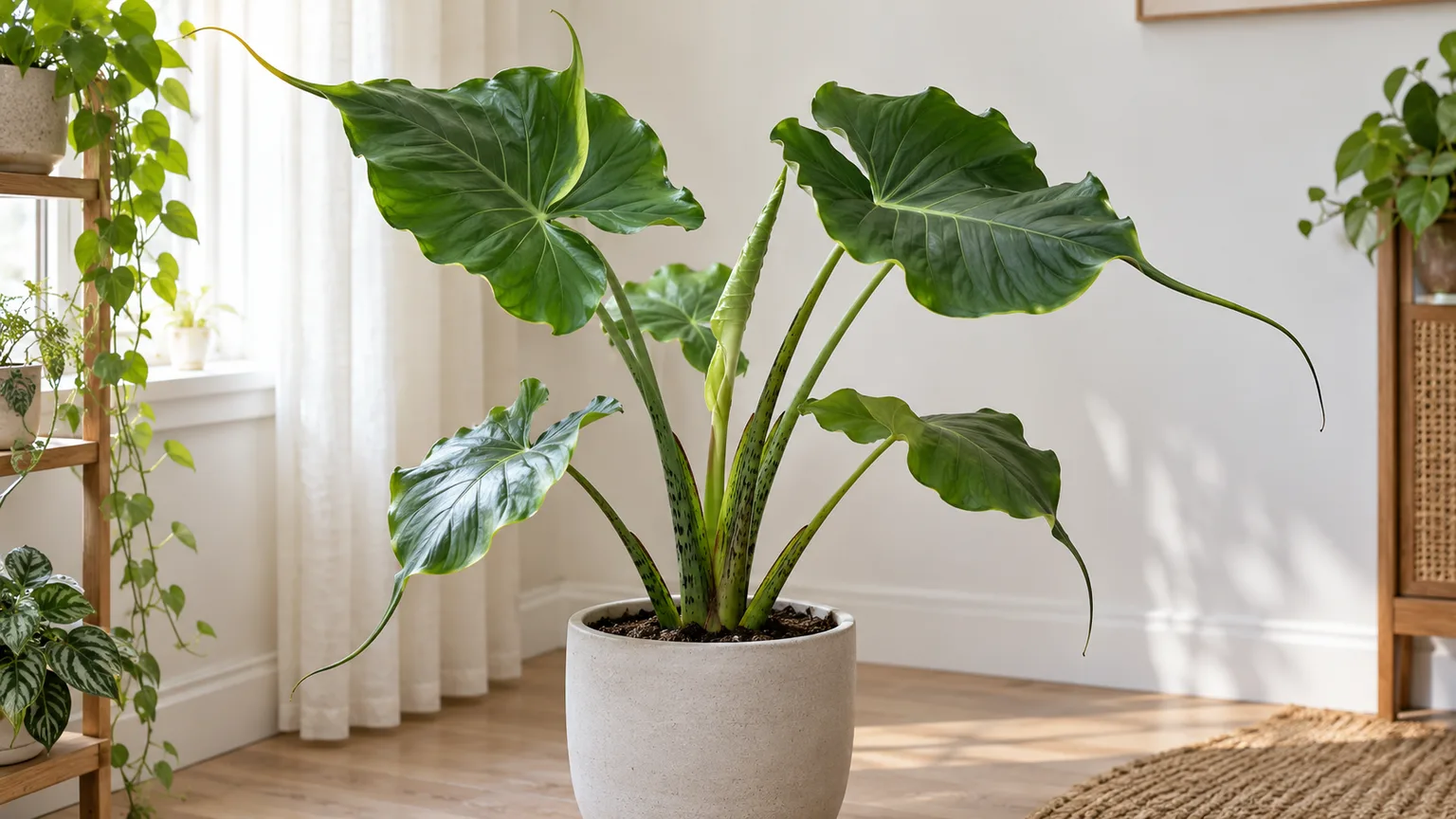 Healthy Alocasia ‘Stingray’ with broad green leaves, long tail-like tips, and subtly speckled stems in a bright filtered-light indoor corner