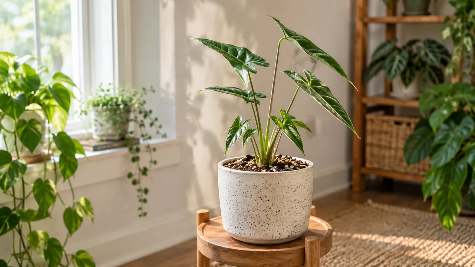 Healthy Alocasia Tiny Dancer with slender arching stems and pointed leaves in a bright indoor plant corner
