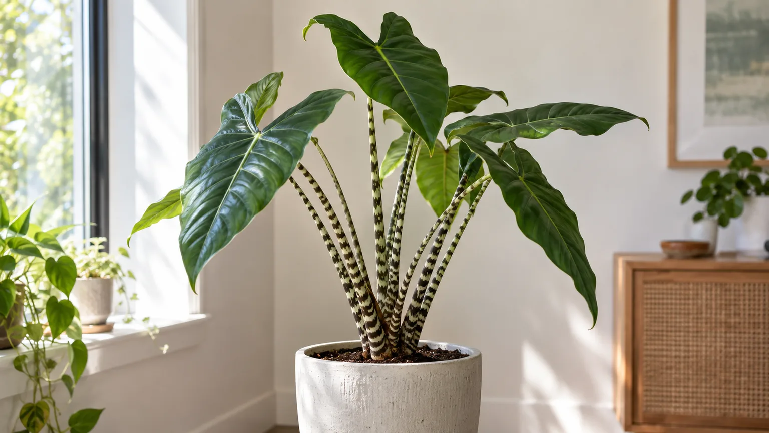 Healthy Alocasia zebrina with zebra-striped petioles and arrow-shaped leaves in bright filtered light