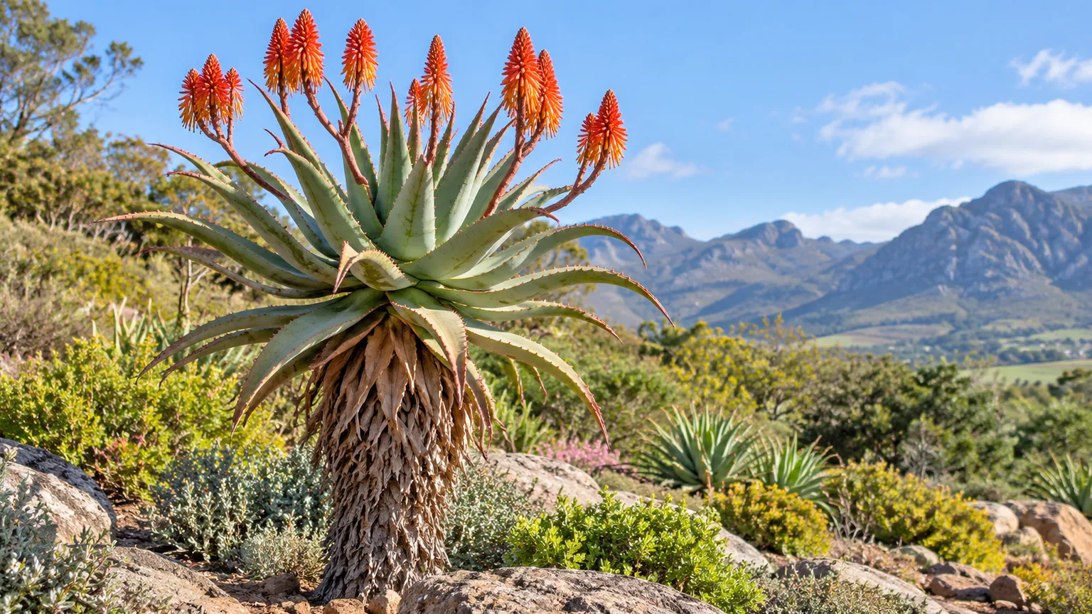 Mature Aloe ferox flowering in a rocky South African garden