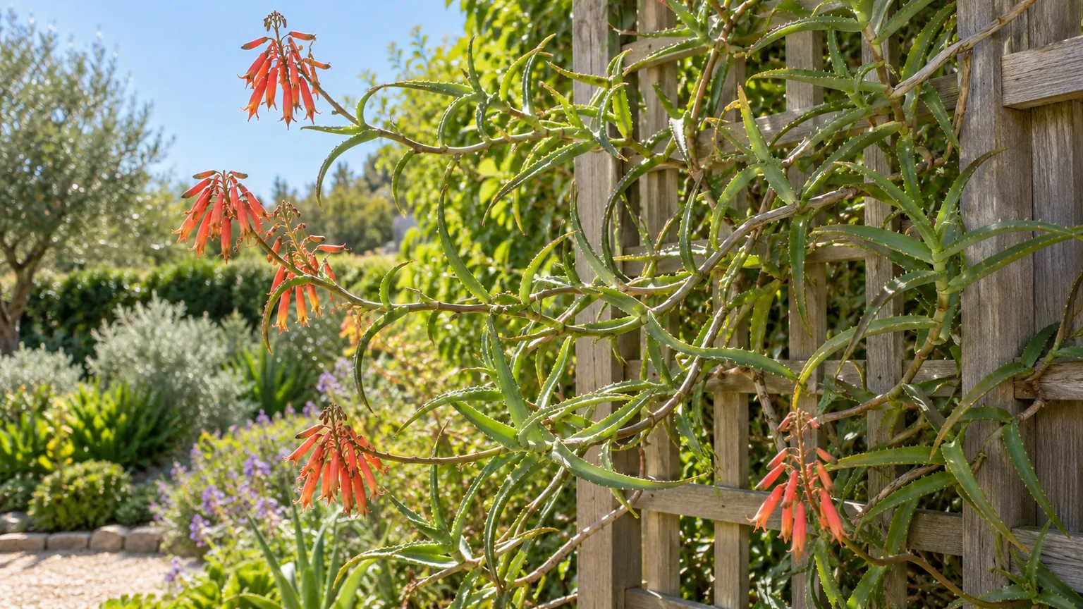 Climbing aloe with orange-red flowers scrambling along a sunny garden fence