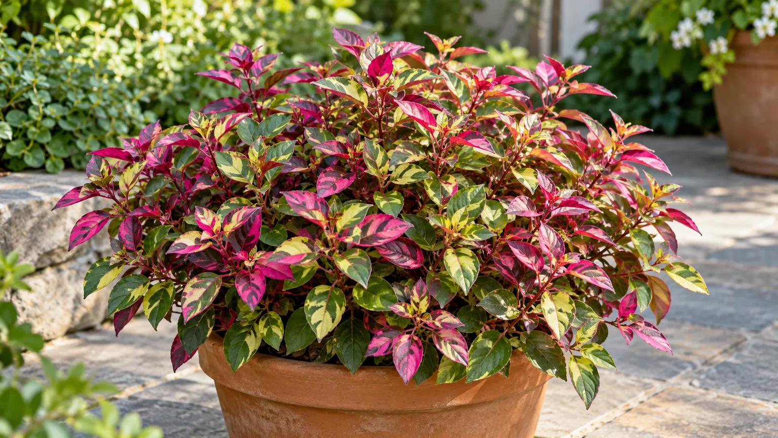 Healthy Joseph's coat with pink, green, and yellow variegated leaves in a patio pot