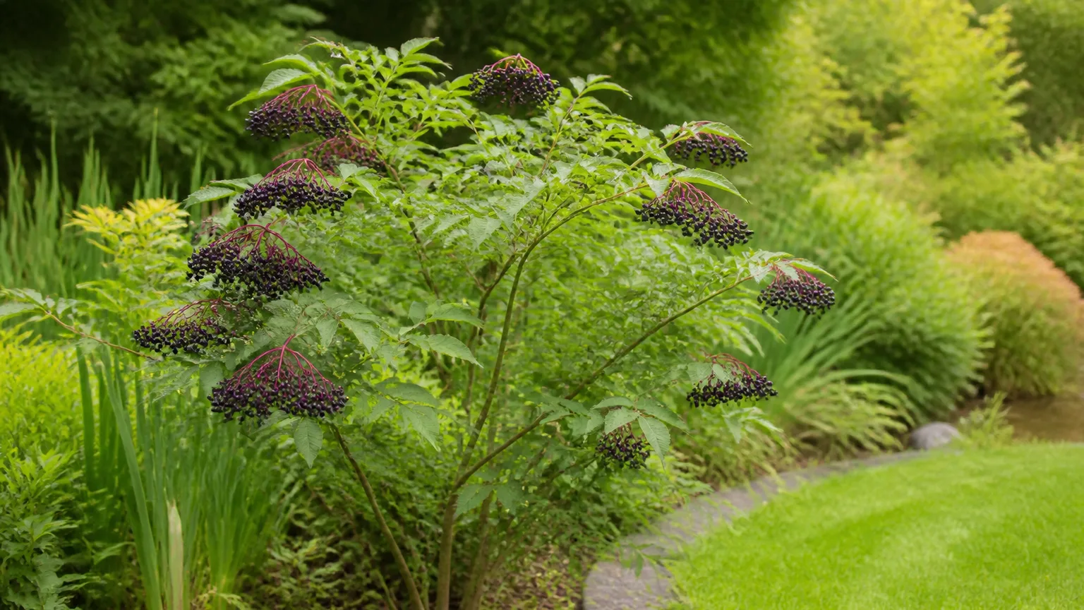 Healthy American elderberry shrub with dark berry clusters in a moist outdoor garden