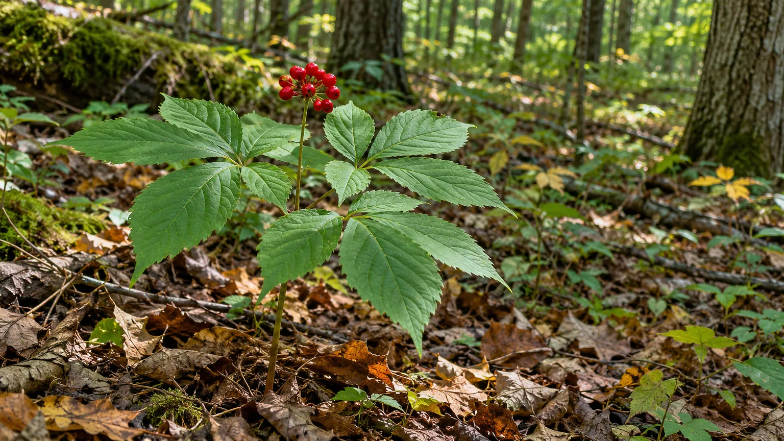 Healthy American ginseng with palmate leaves and ripe red berries growing on a shaded forest floor
