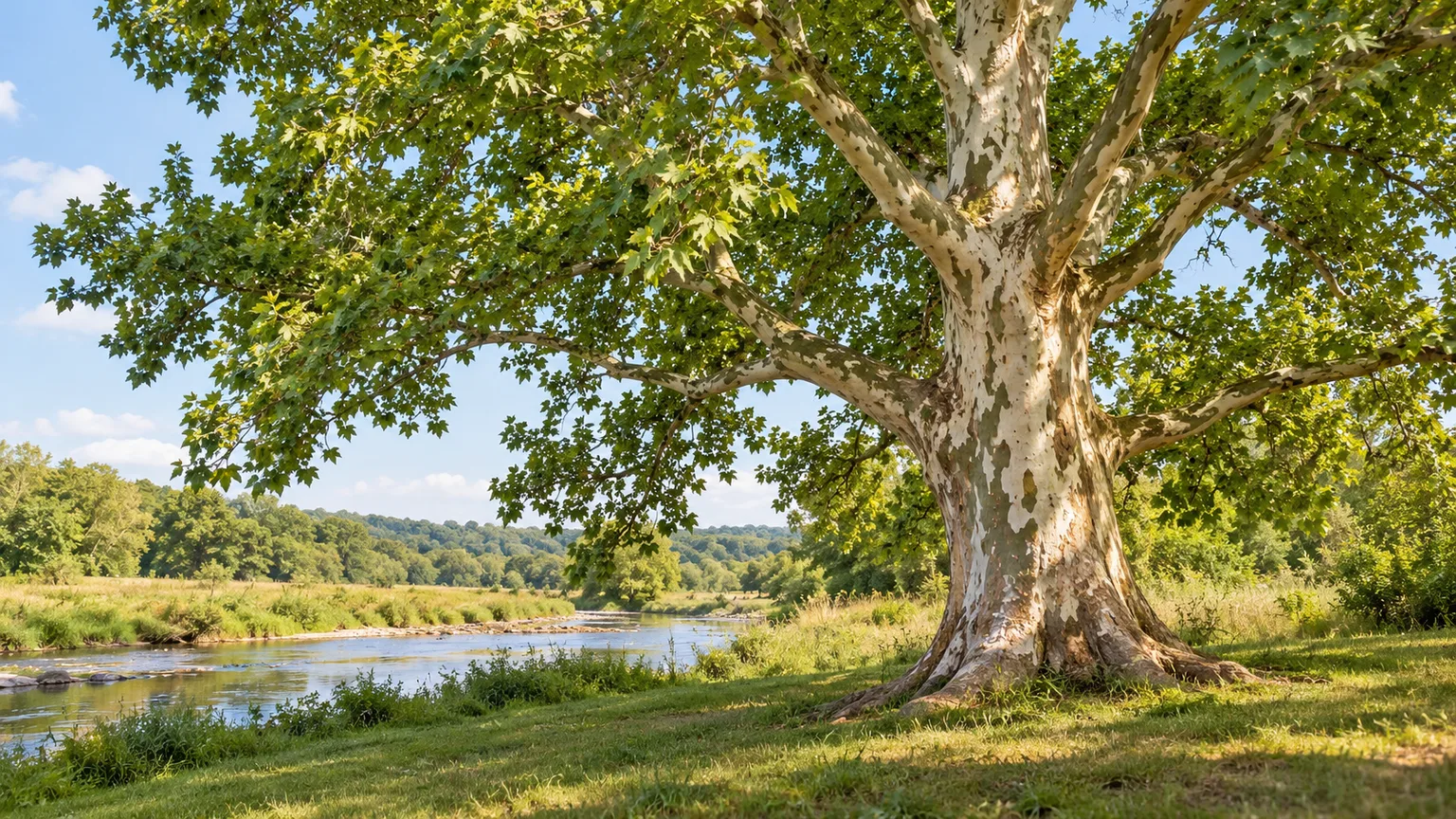 Healthy American sycamore with a broad green canopy and distinctive mottled bark beside a stream