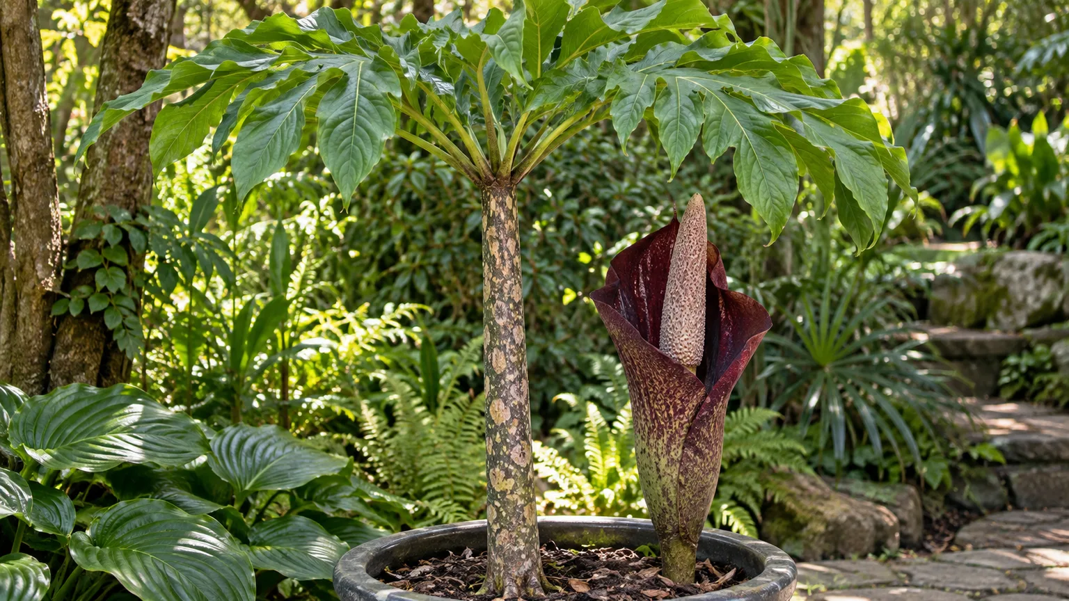 Healthy voodoo lily with a mottled stem, umbrella leaf, and maroon spathe in a shaded garden