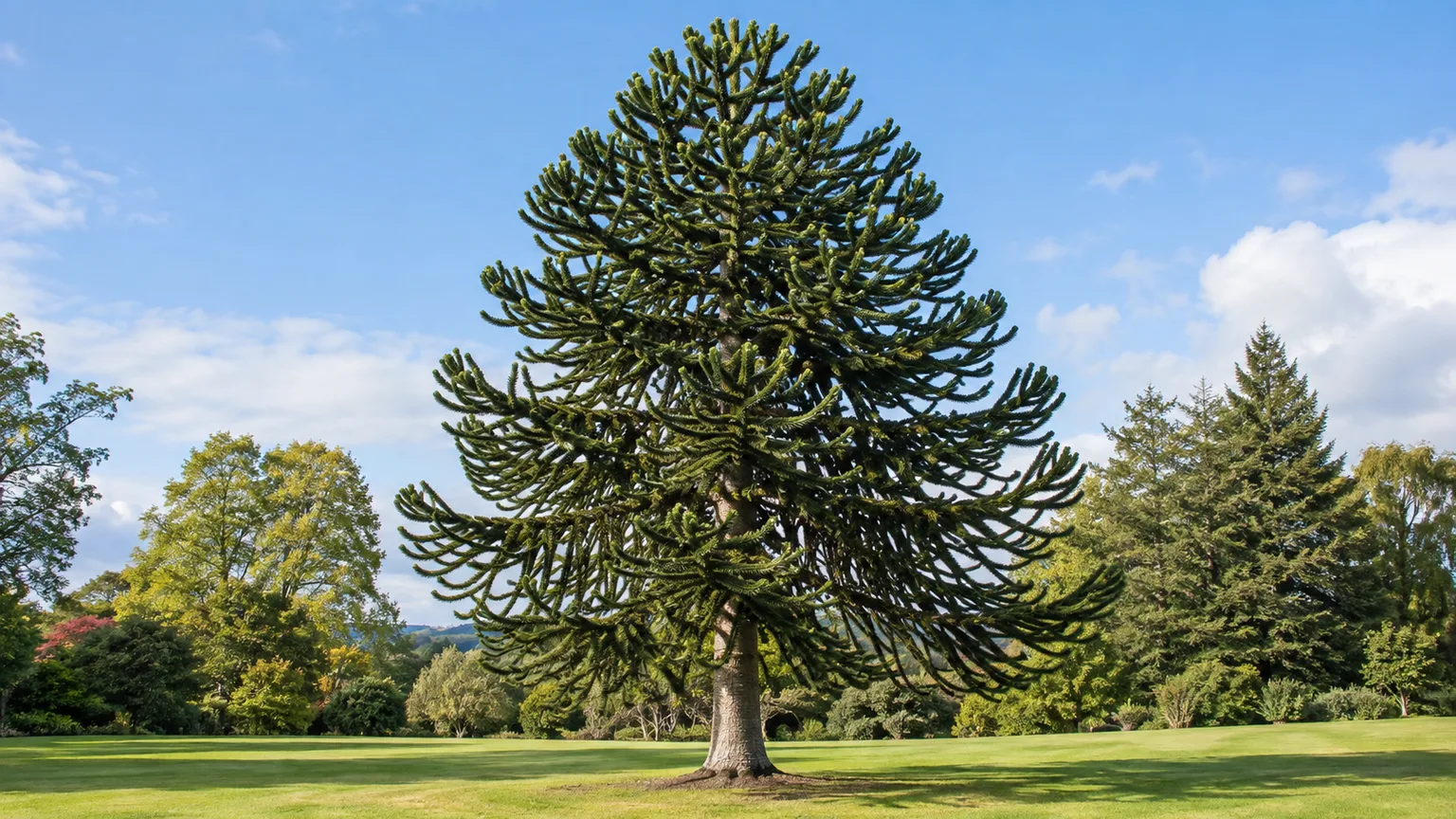Healthy mature monkey puzzle tree with tiered branches in an open lawn