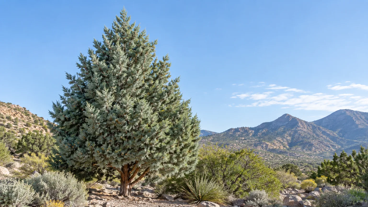 Arizona cypress with blue-green foliage in a sunny, dry landscape.