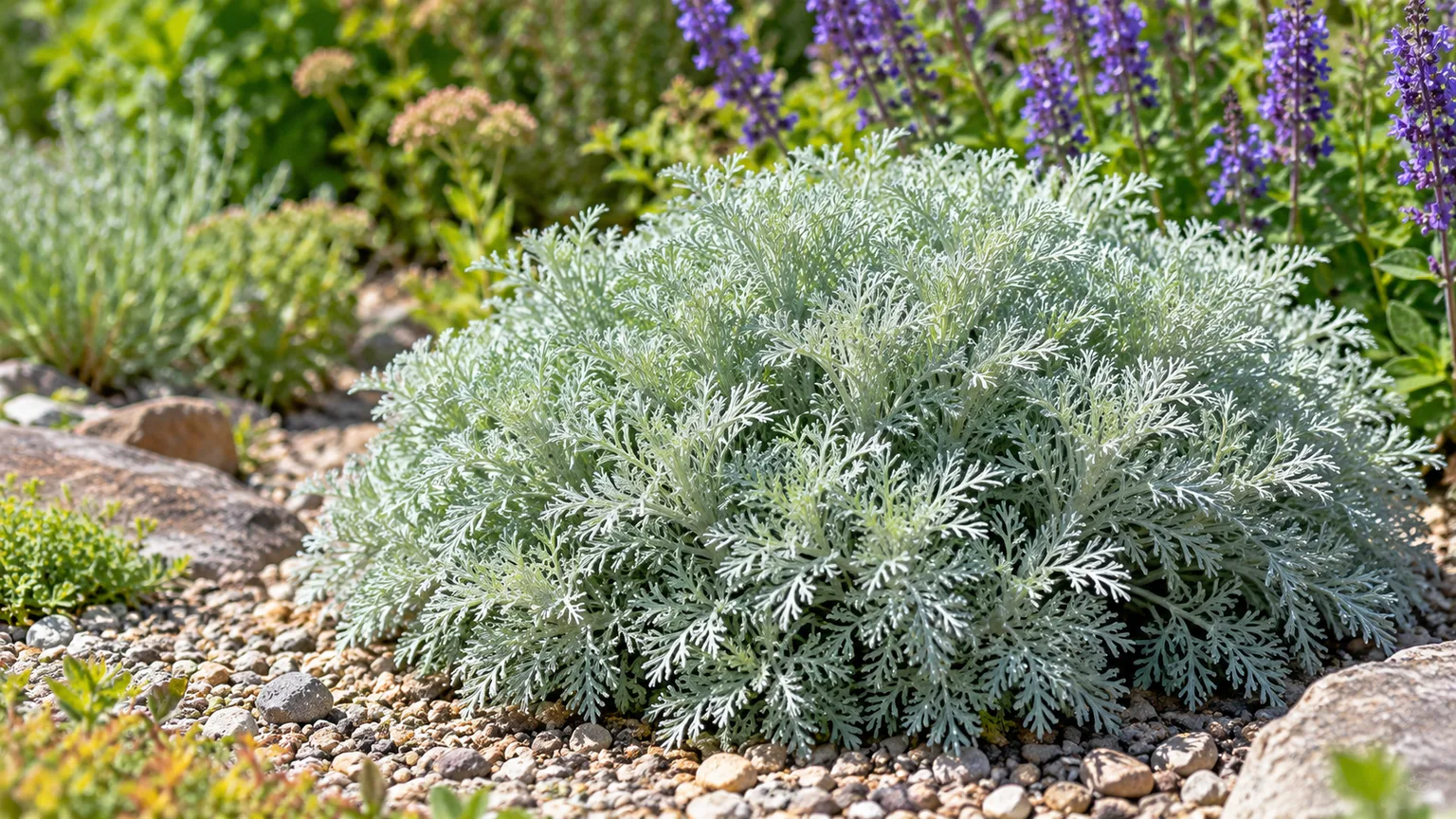Healthy, rounded Silver Mound Artemisia with finely divided silver foliage in a sunny gravel border