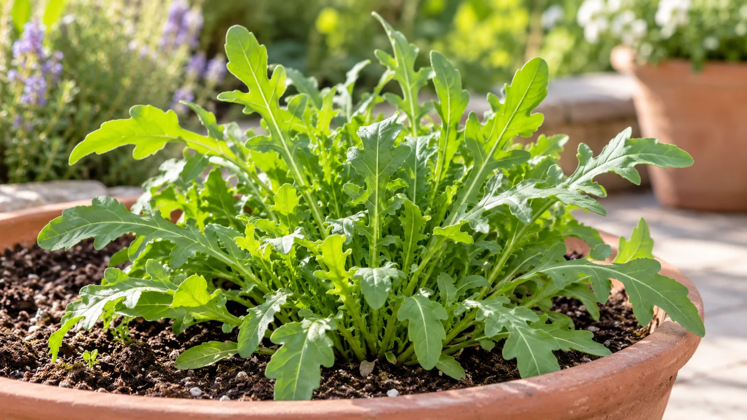 Healthy arugula rosette growing in a patio planter