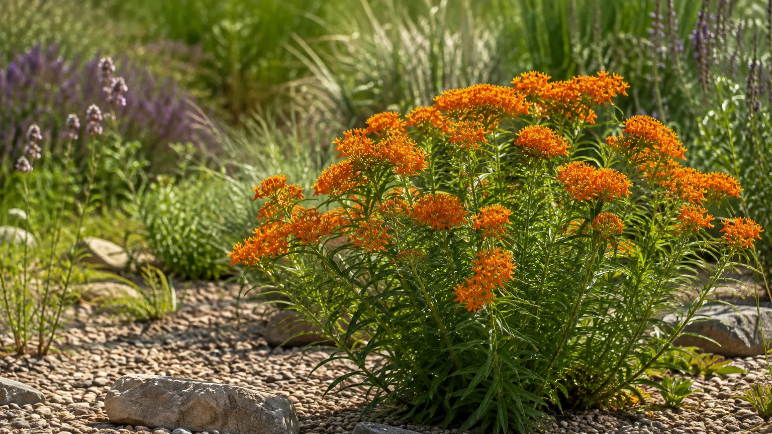 Healthy butterfly weed with bright orange flowers growing in a sunny native garden