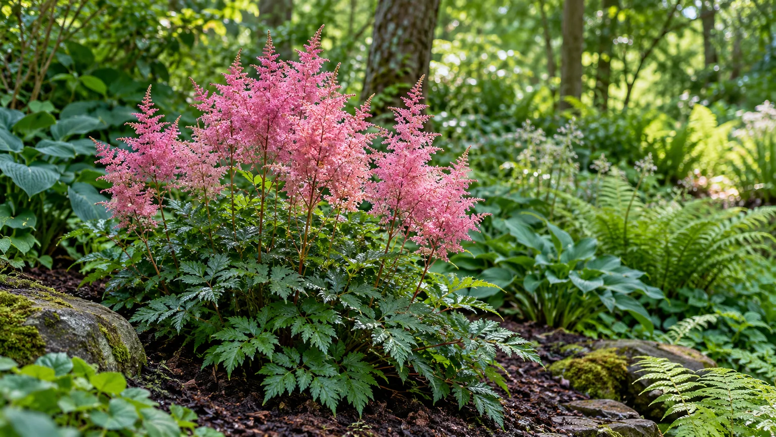 Feathery pink Astilbe flower plumes above divided foliage