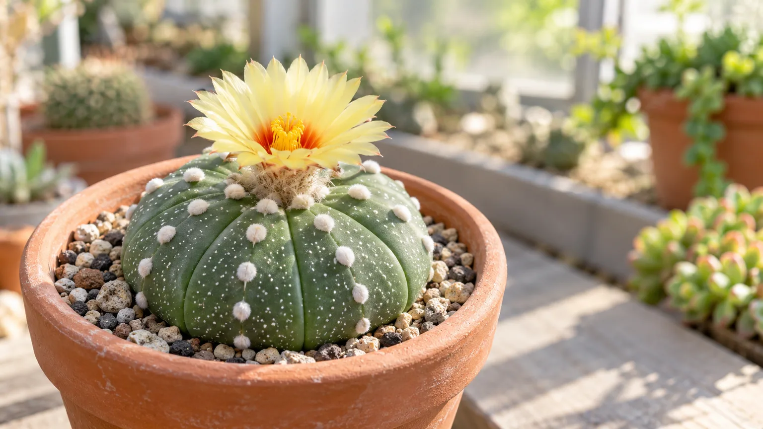 Astrophytum asterias with a yellow flower in a terracotta pot