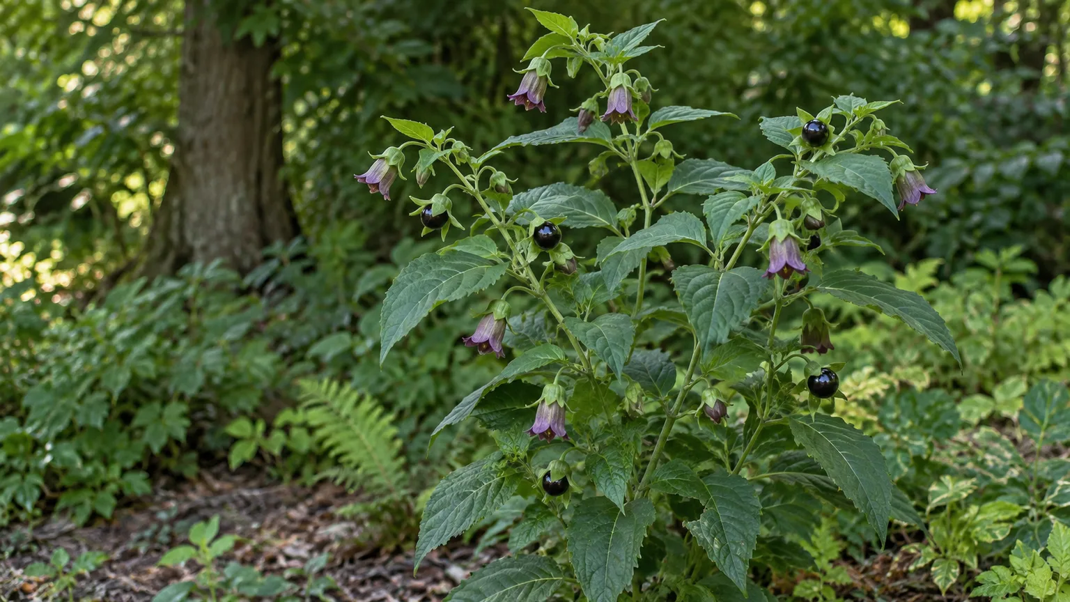Illustrative deadly nightshade with drooping purple flowers and glossy black berries