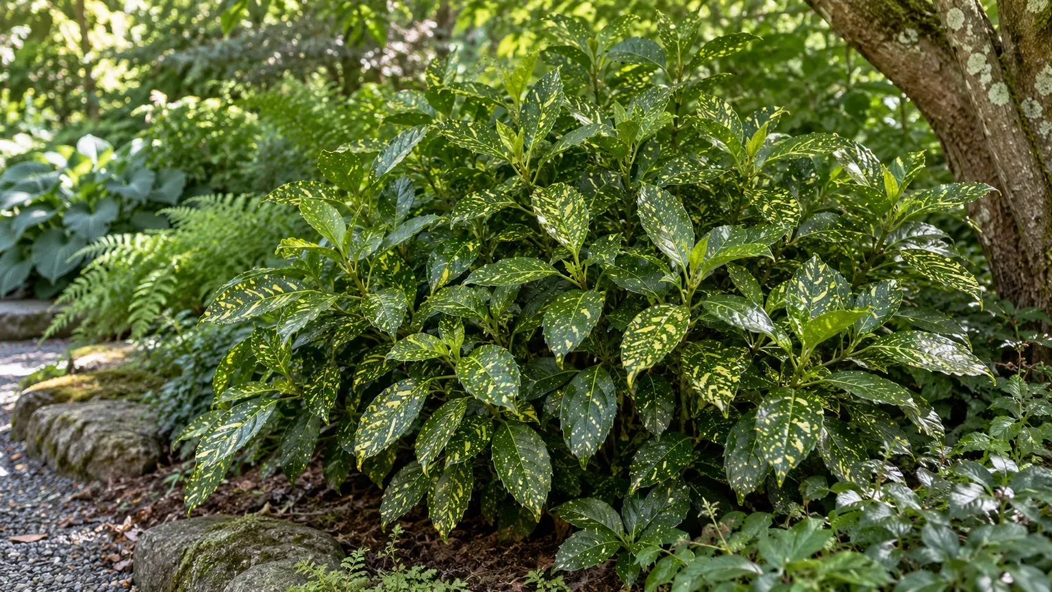 Healthy gold dust Aucuba with glossy, gold-flecked leaves in filtered shade