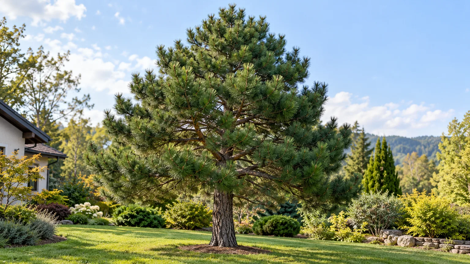 Mature Austrian pine with a wide, dark-green crown in a sunny garden.