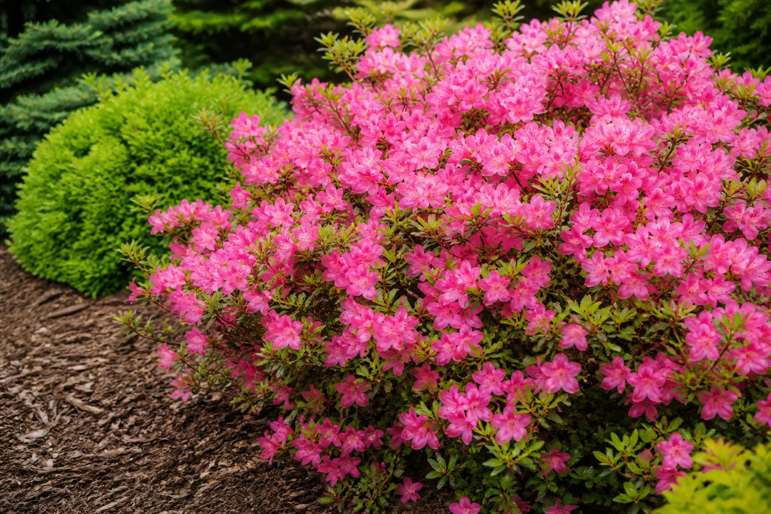 Pink azalea shrub flowering in a mulched garden border
