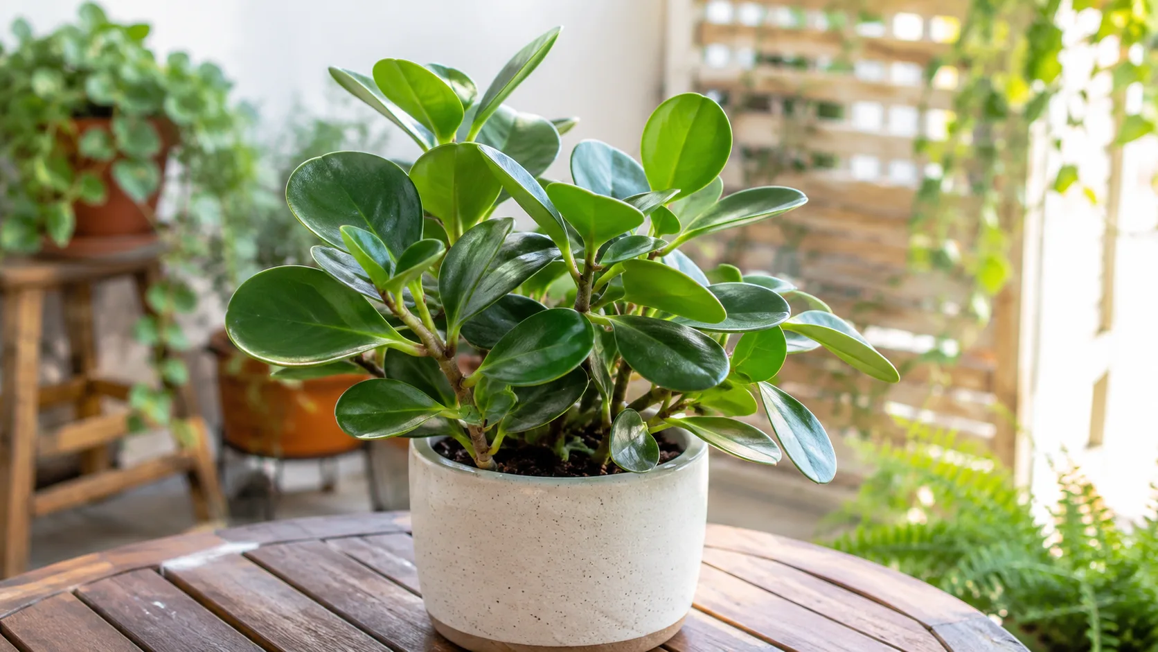 Baby rubber plant with thick glossy leaves on a desk