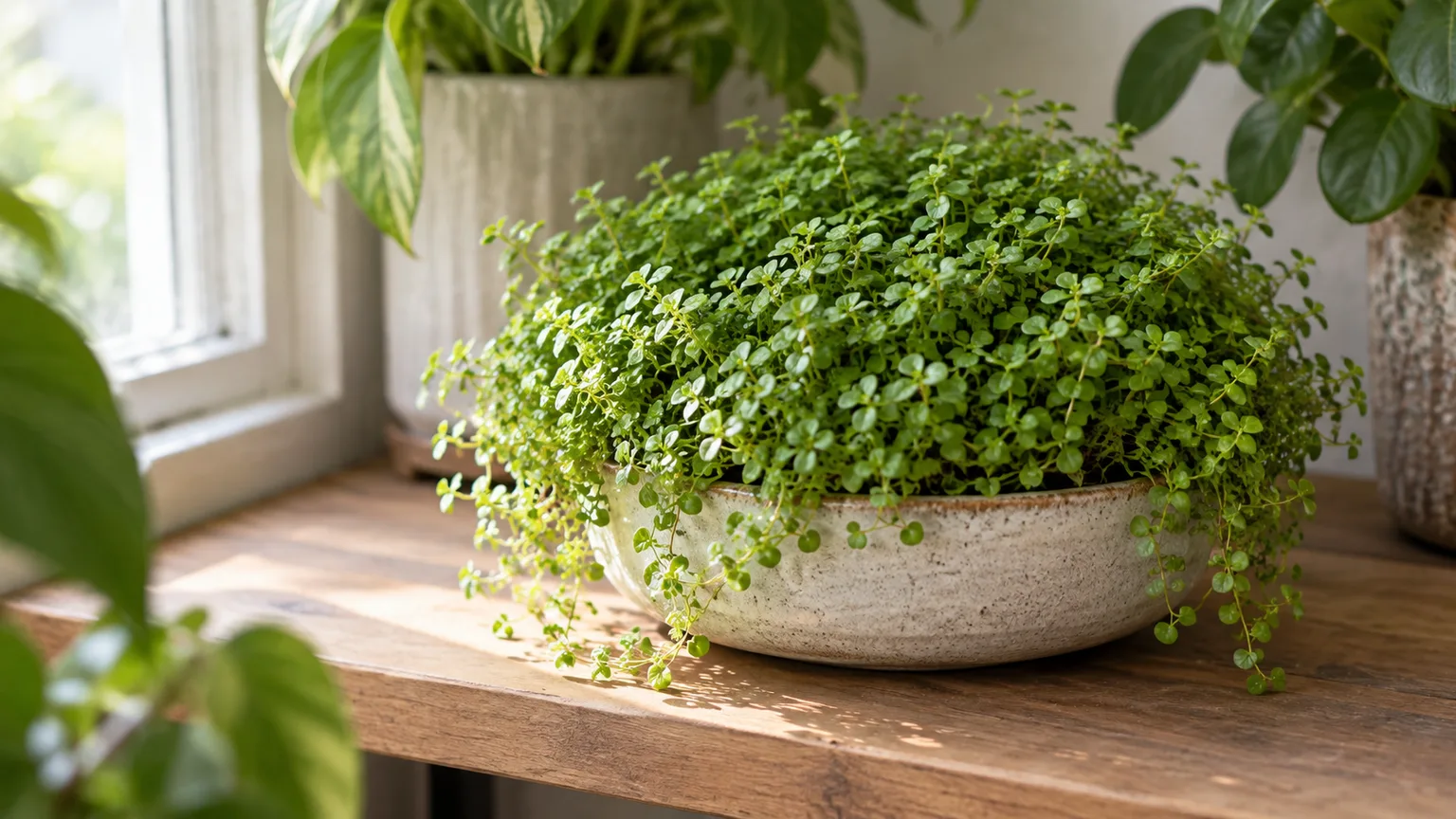 Healthy baby tears in a shallow pot with tiny rounded green leaves