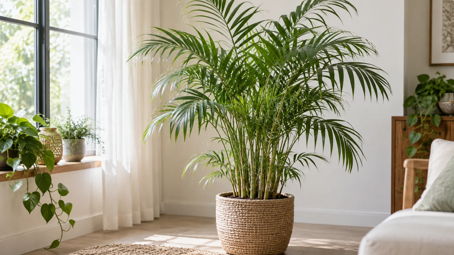 Healthy bamboo palm with slender ringed canes and arching green fronds indoors