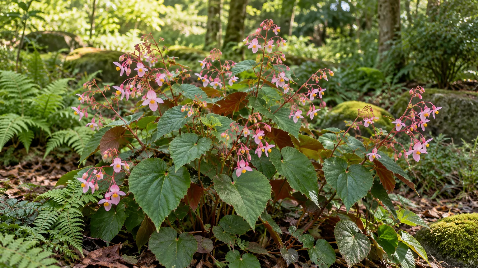 Hardy begonia with heart-shaped leaves and hanging pink flowers in dappled shade