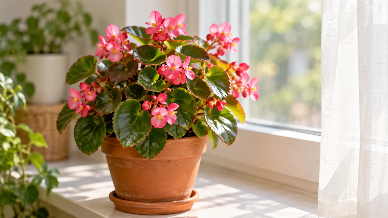 Healthy wax begonia with glossy green leaves and pink flowers on a bright indoor windowsill