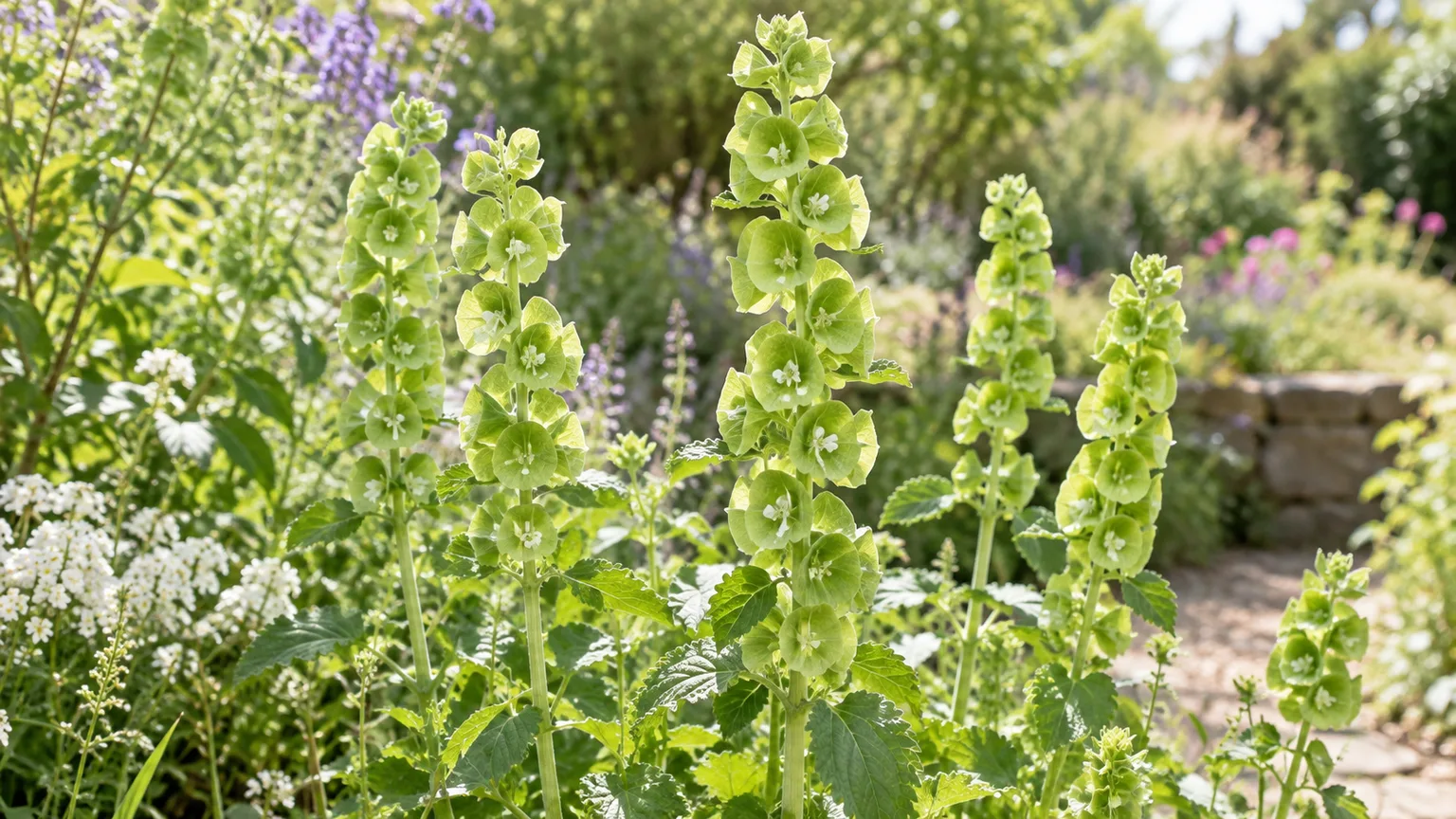 Healthy bells of Ireland with pale green bell-shaped calyces in a sunny garden