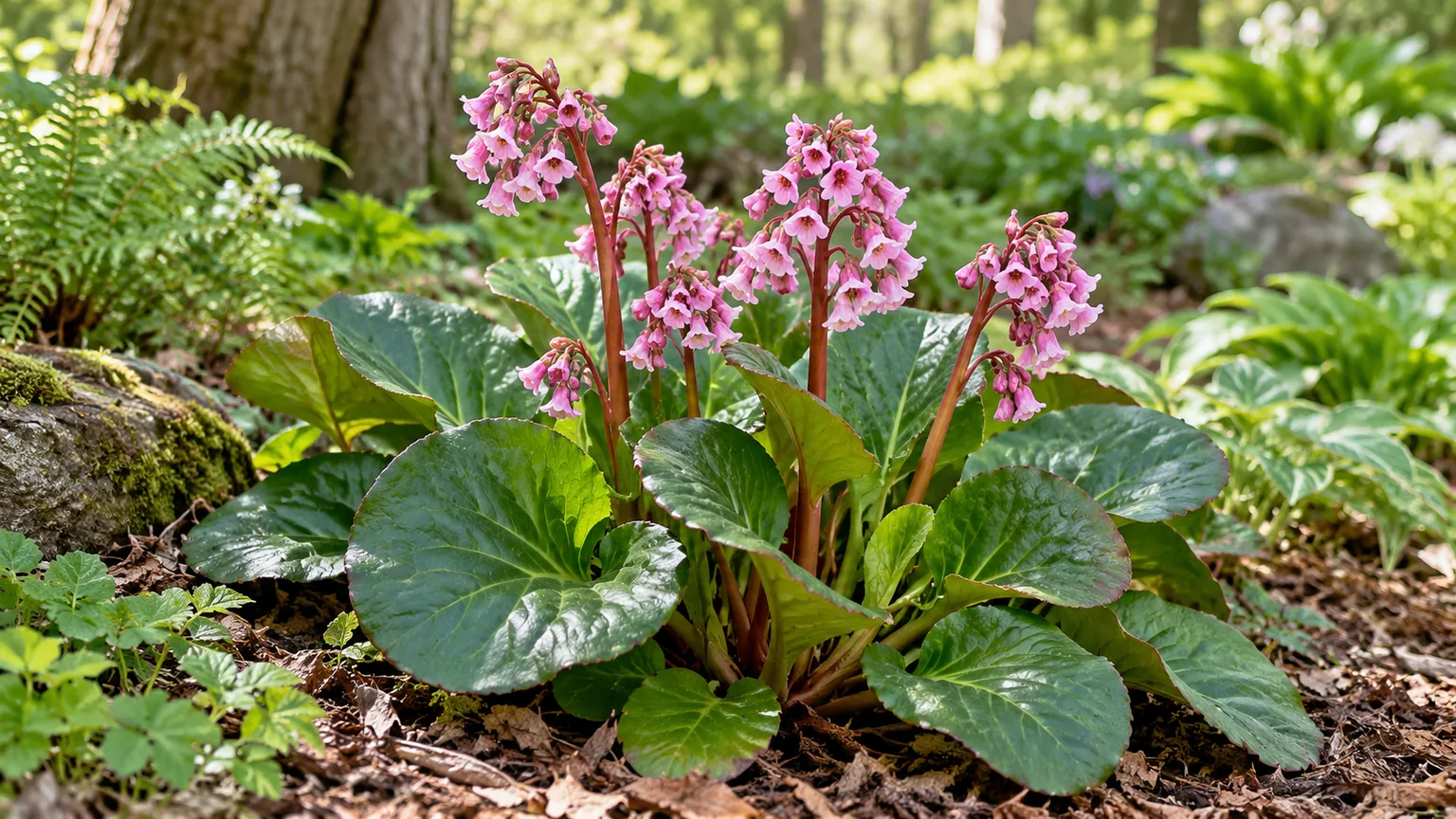 Healthy Bergenia with glossy green leaves and pink spring flowers in a woodland garden.