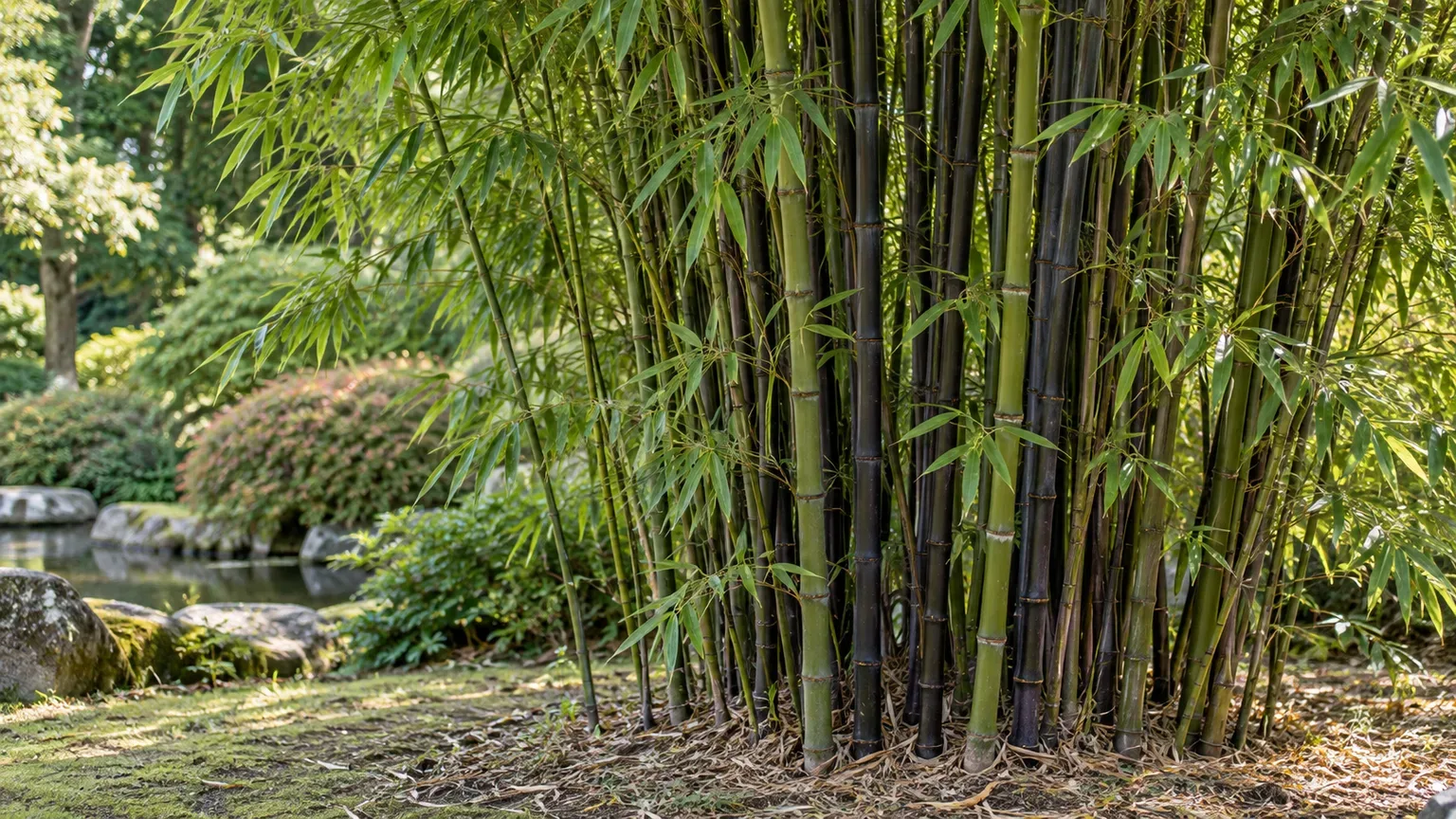 Healthy black bamboo with mature near-black culms and green leaves in an outdoor garden