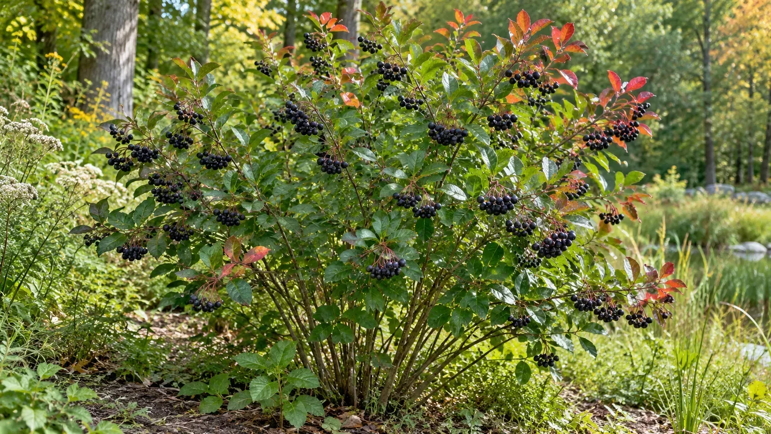 Healthy black chokeberry shrub with dark fruit and early red fall foliage