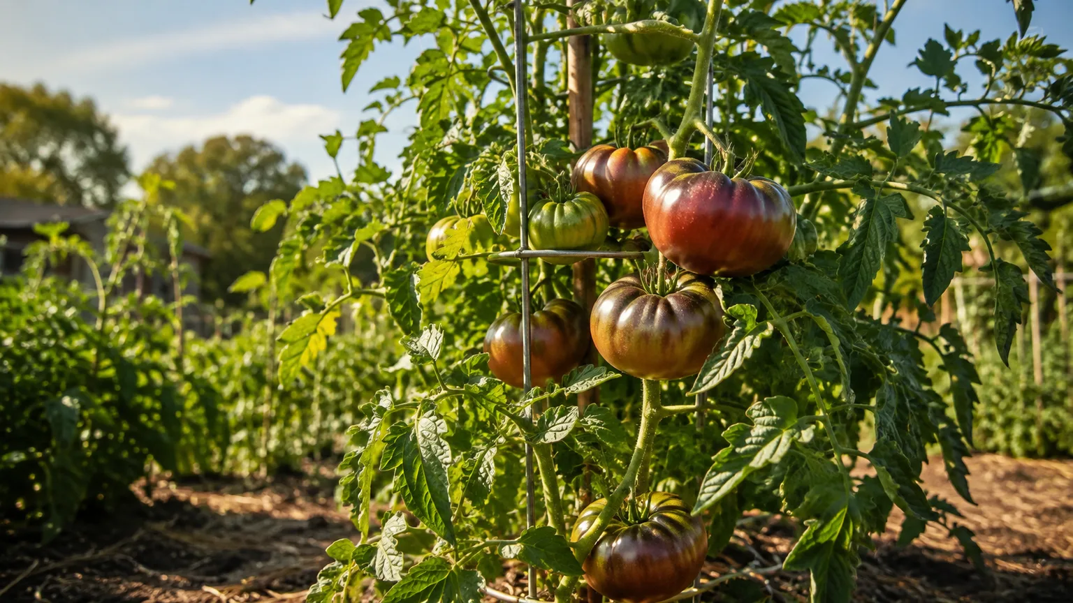 Healthy Black Krim tomato plant with dark mahogany-purple beefsteak fruit growing on a sturdy support
