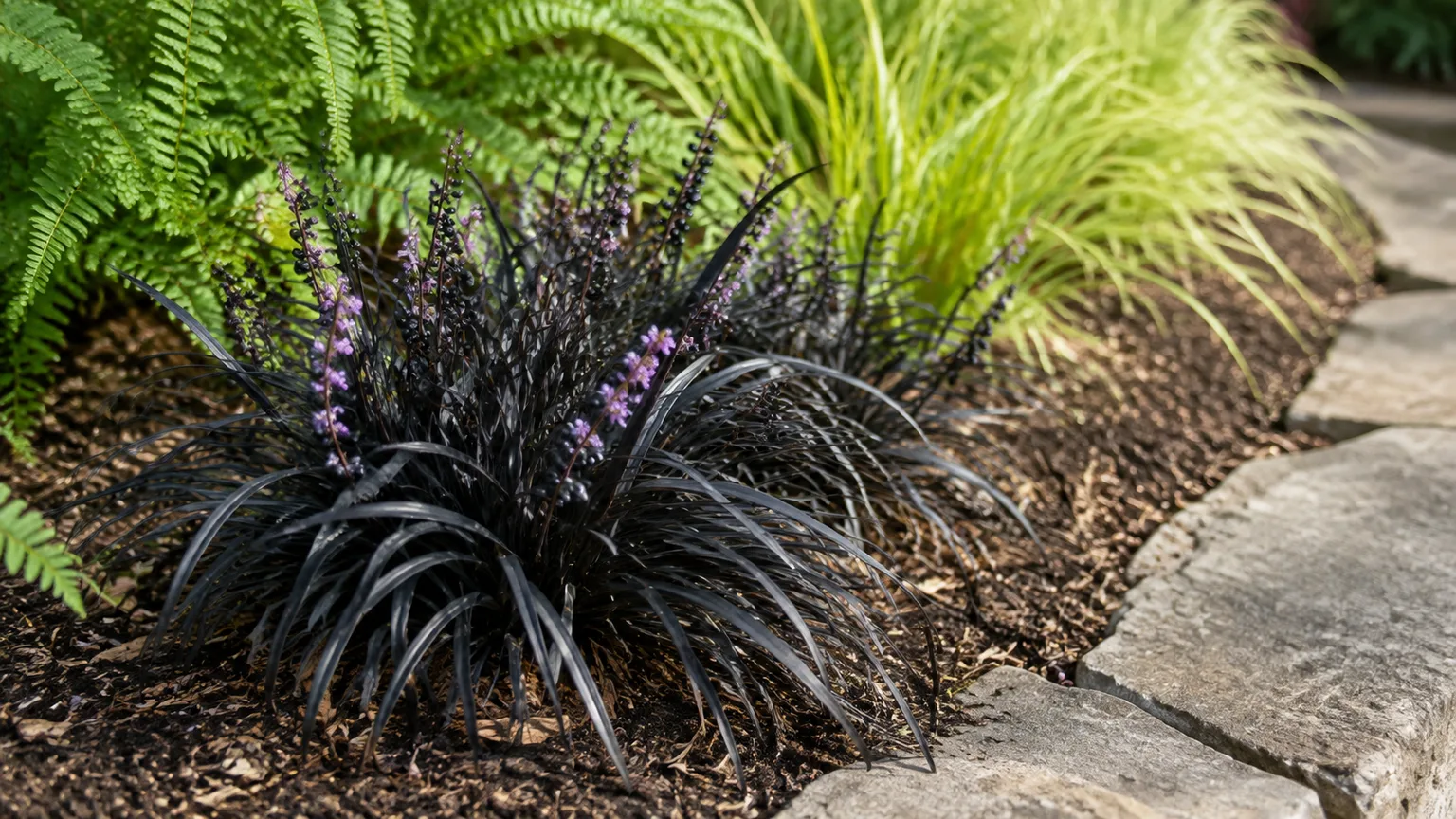 Healthy black mondo grass with narrow near-black leaves in a sunny yard border