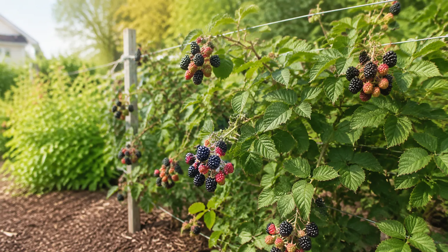 Healthy blackberry plant with ripe and unripe berries on a garden trellis