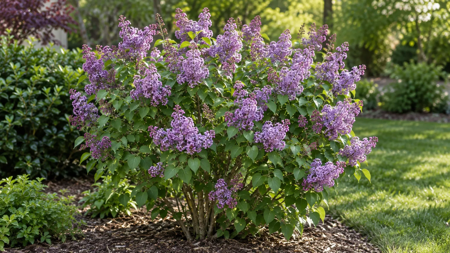 Compact Bloomerang lilac shrub with lavender-purple flower panicles in a garden