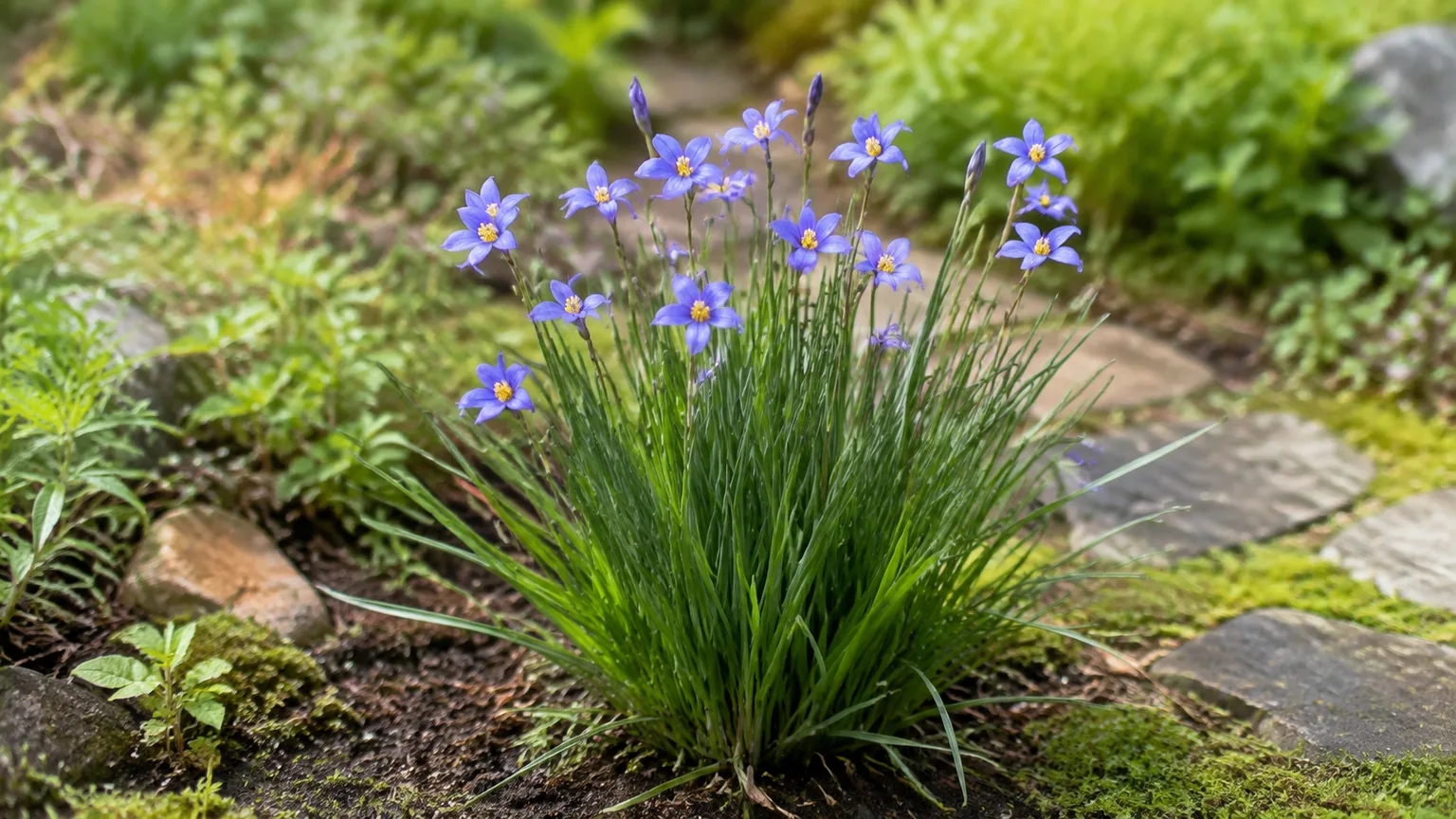 Healthy blue-eyed grass blooming in a sunny, moist garden bed