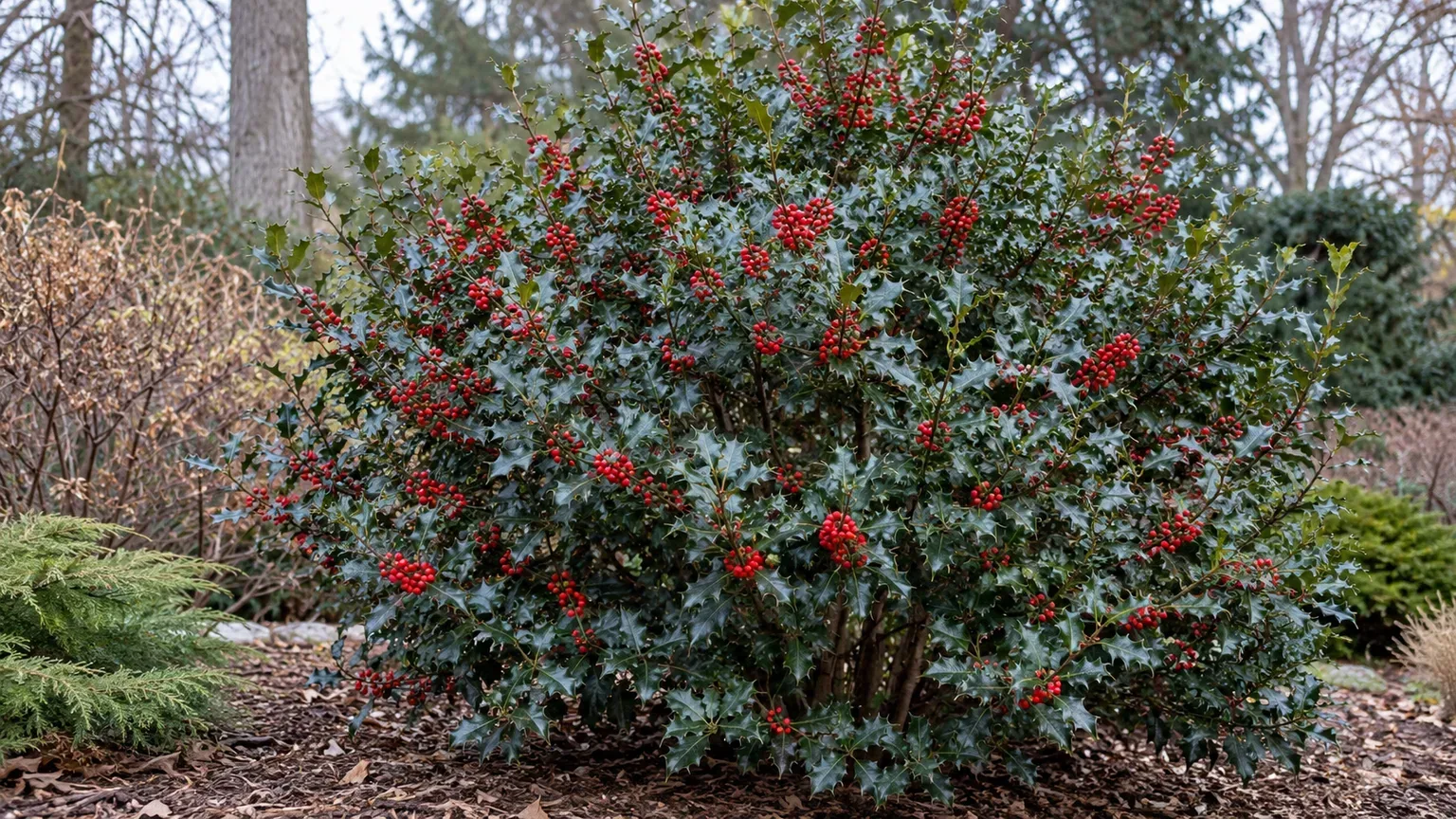 Blue Princess holly with dark blue-green leaves and red berries in a winter garden