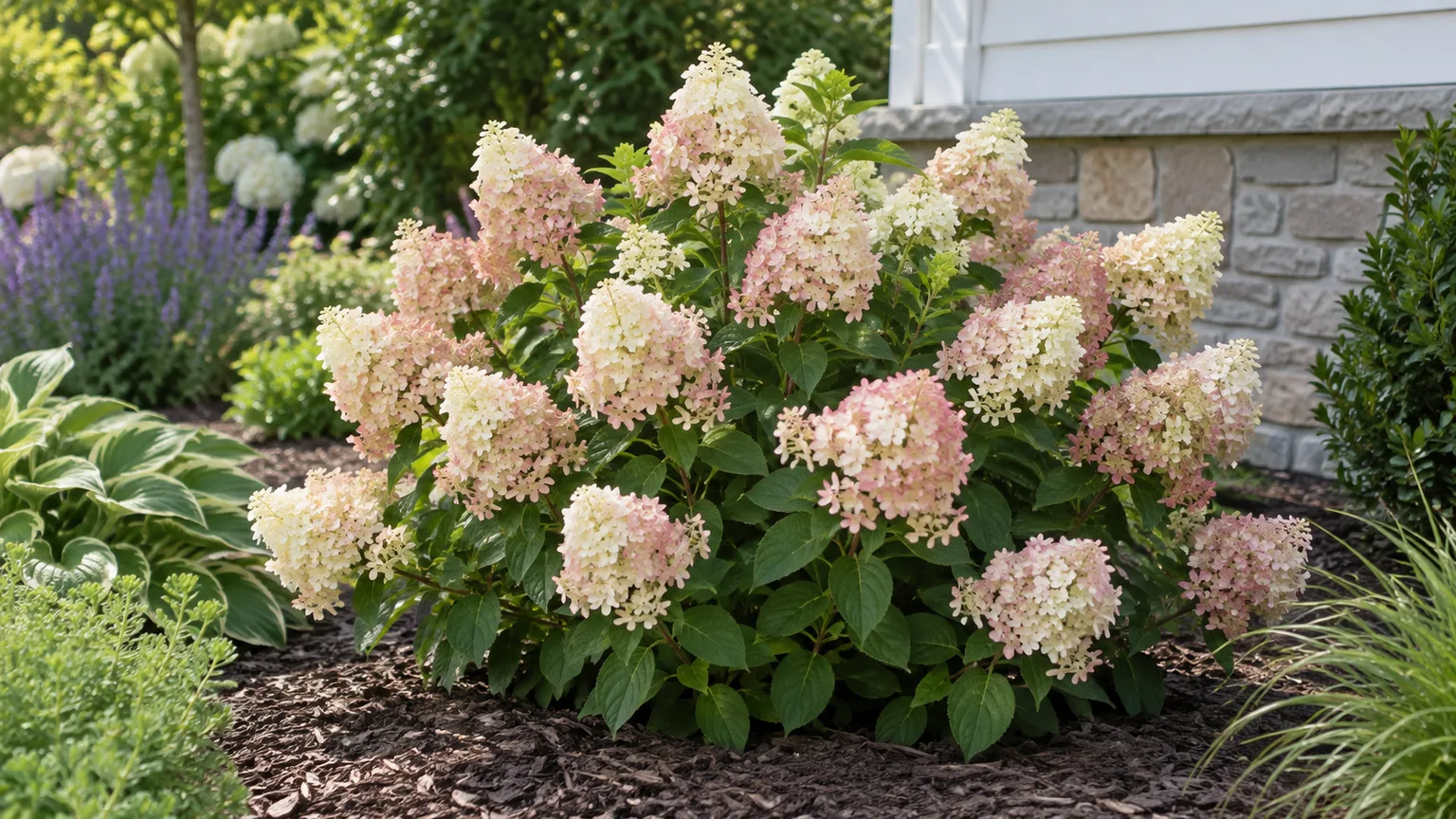Healthy compact Bobo hydrangea with white and pink panicles in a garden bed