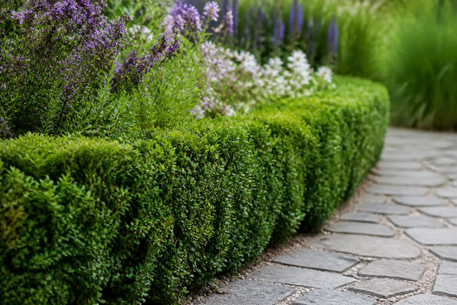 Compact boxwood hedge edging a stone garden path beside flowering perennials