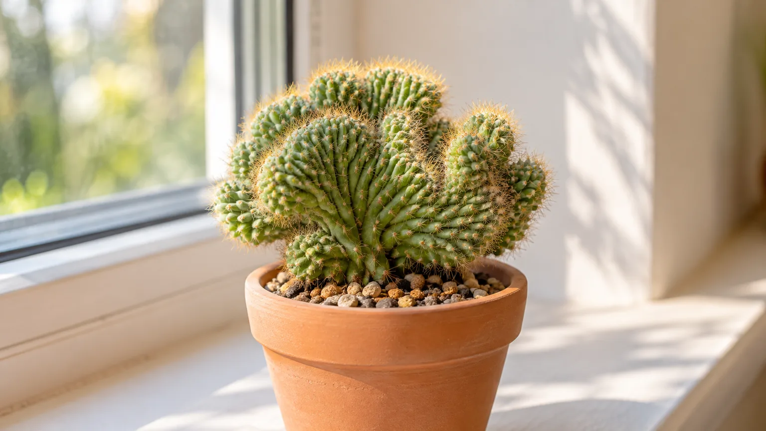 Healthy crested brain cactus in a terracotta pot beside a bright window