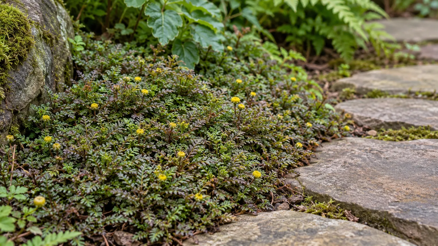 Low mat of bronze-green brass buttons with tiny gold flowers beside a garden path