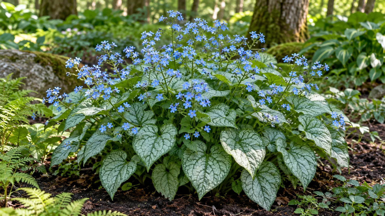 Blue spring flowers and silver-marked leaves of Brunnera macrophylla